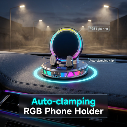 📱 RGB-bilhållare med automatisk klämning & 15W trådlös laddning