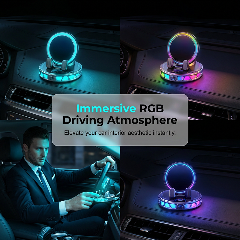 📱 RGB-bilhållare med automatisk klämning & 15W trådlös laddning