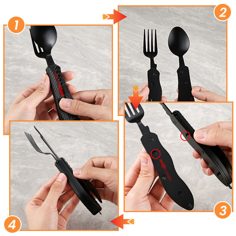 🍴 55% RABATT NU! 🏕️ 4-i-1 Hopfällbart Bestickset i Rostfritt Stål – Perfekt för Camping, Vandring & Resor 🎒