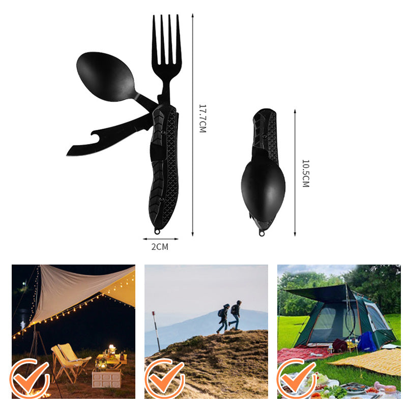 🍴 55% RABATT NU! 🏕️ 4-i-1 Hopfällbart Bestickset i Rostfritt Stål – Perfekt för Camping, Vandring & Resor 🎒