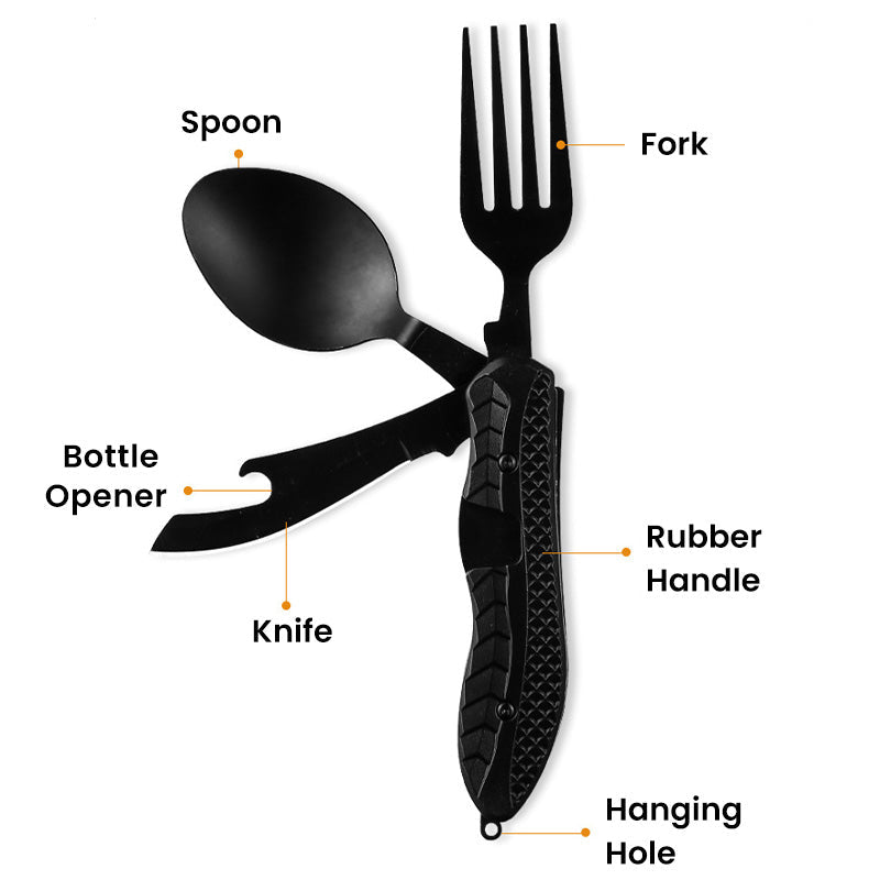 🍴 55% RABATT NU! 🏕️ 4-i-1 Hopfällbart Bestickset i Rostfritt Stål – Perfekt för Camping, Vandring & Resor 🎒