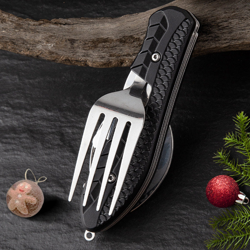 🍴 55% RABATT NU! 🏕️ 4-i-1 Hopfällbart Bestickset i Rostfritt Stål – Perfekt för Camping, Vandring & Resor 🎒