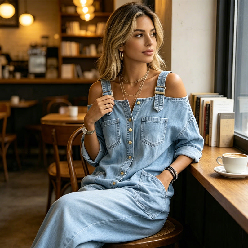 Lös jumpsuit med vida ben och fickor