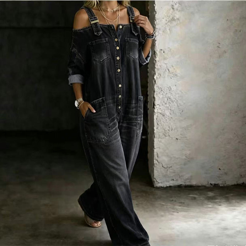 Lös jumpsuit med vida ben och fickor