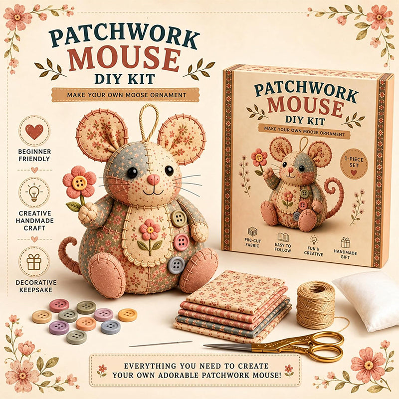 🧵🐭 Vintage lapptäcksmus DIY-kit – Allt inkluderat & perfekt för nybörjare!