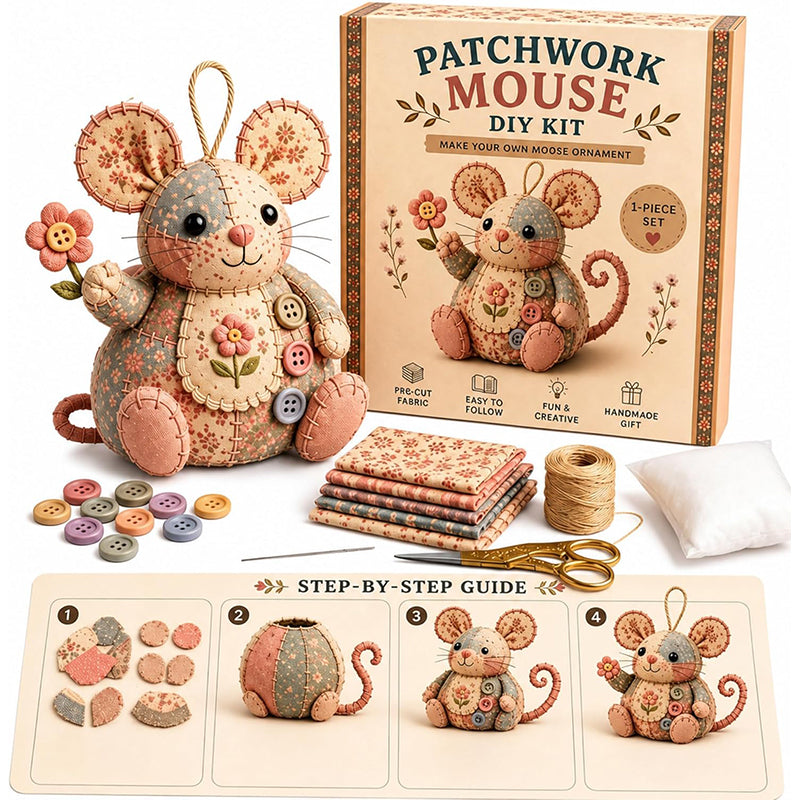 🧵🐭 Vintage lapptäcksmus DIY-kit – Allt inkluderat & perfekt för nybörjare!