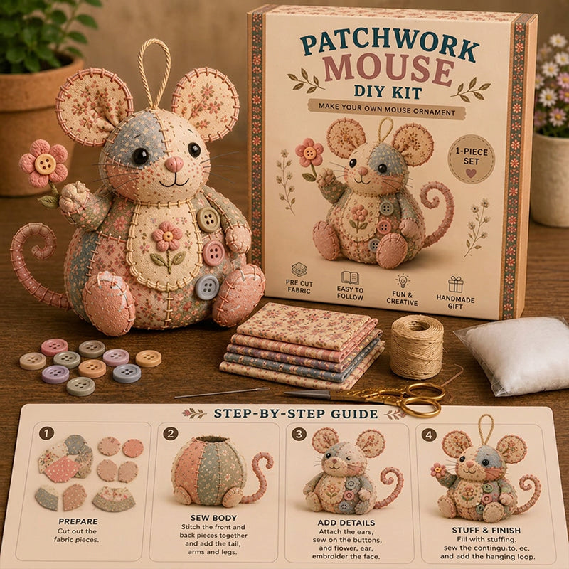 🧵🐭 Vintage lapptäcksmus DIY-kit – Allt inkluderat & perfekt för nybörjare!