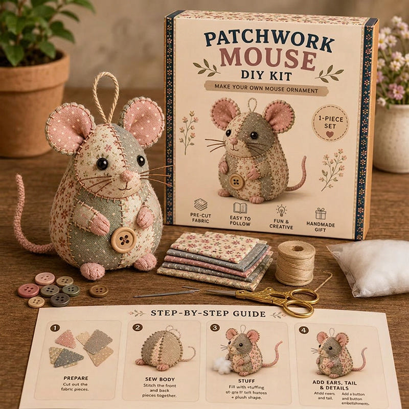 🧵🐭 Vintage lapptäcksmus DIY-kit – Allt inkluderat & perfekt för nybörjare!