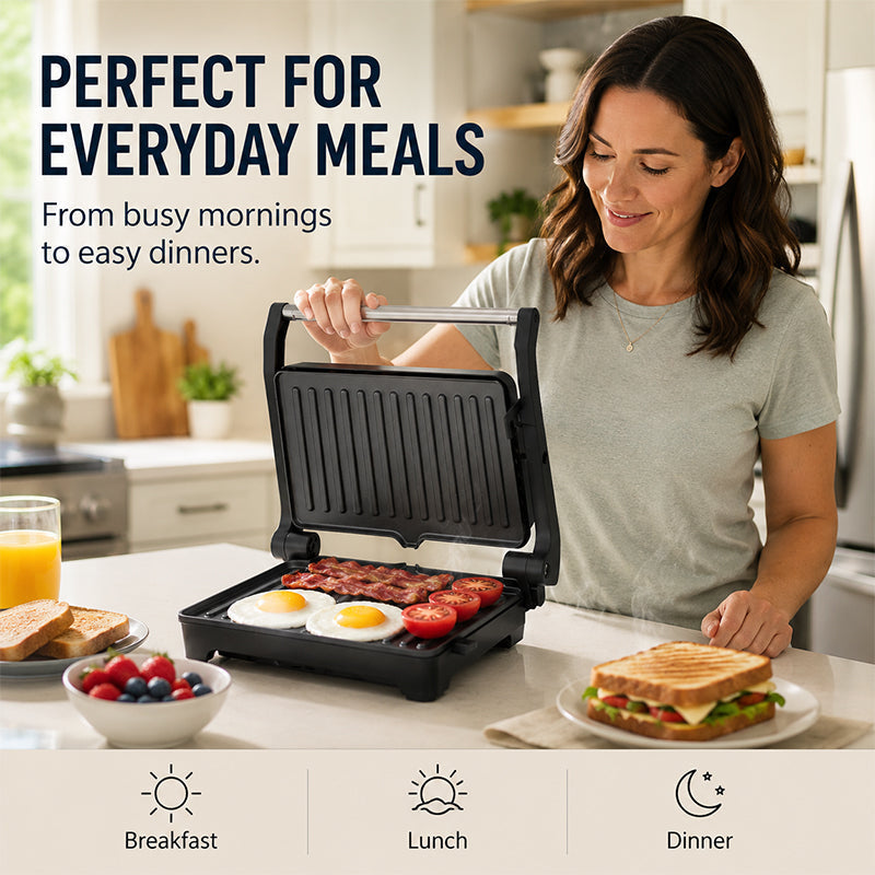 Elektrisk smörgåsgrill och paninigrill med 180° öppning