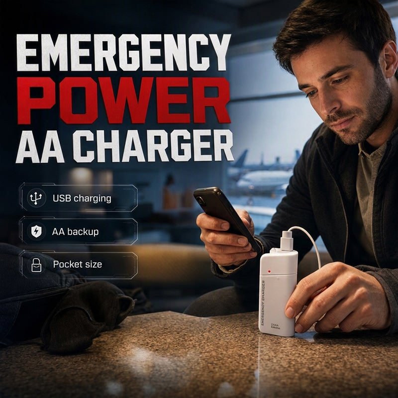 Bärbar nödladdare för mobiltelefon – drivs med AA-batterier och har inbyggd LED-ficklampa