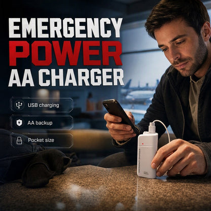 Bärbar nödladdare för mobiltelefon – drivs med AA-batterier och har inbyggd LED-ficklampa