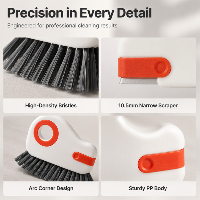 🧹Sprickborste med inbyggd skrapa – 2-i-1-design, hårda borst & ergonomiskt handtag – perfekt för fönsterskenor, dörrskenor och kakelfogar ✨🧽
