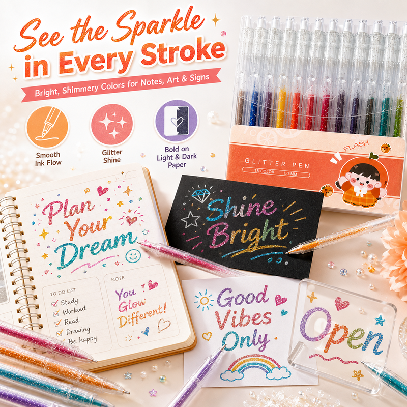 Set med infällbara glittergelpennor för journaling och teckning