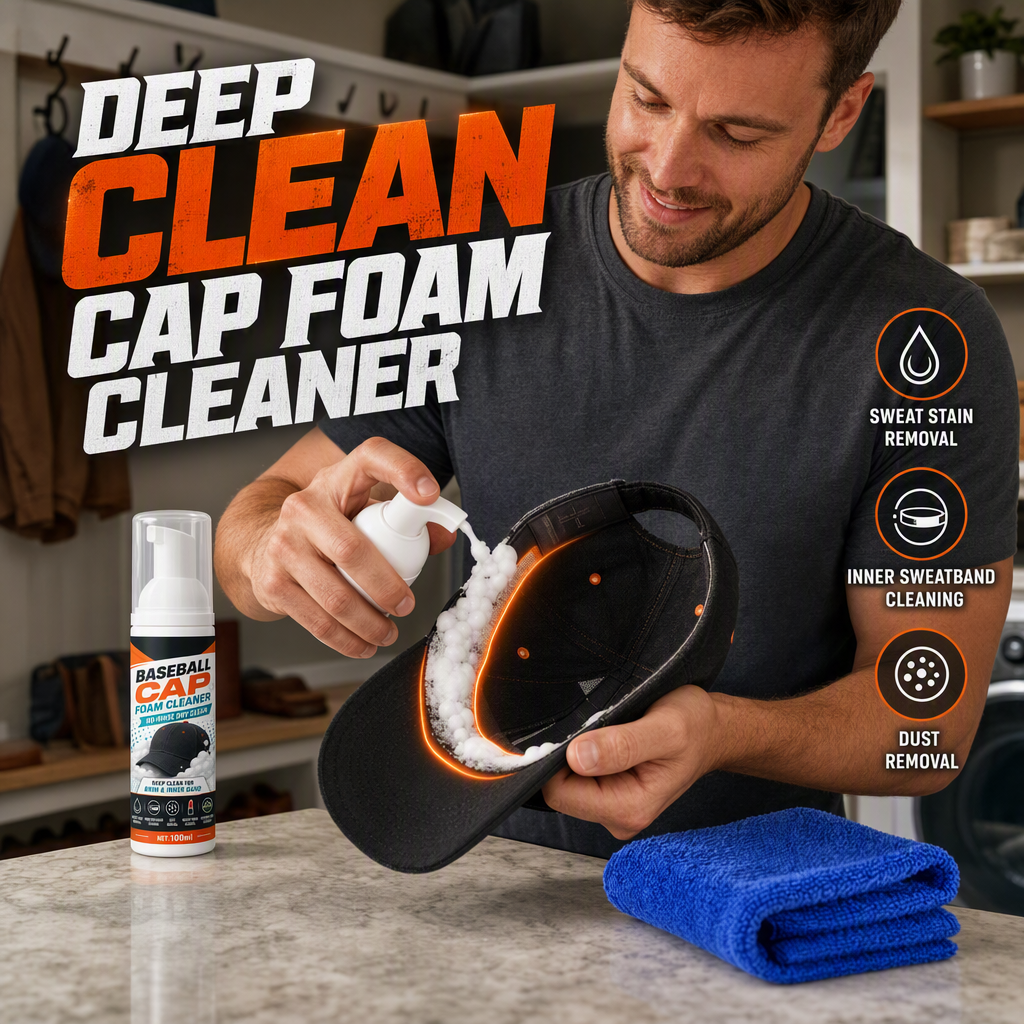🧢50% RABATT NU! Skölj­fri Skumrengöring för Keps, Djuprengörande Skumspray för Hattar, Svettfläck- & Dammborttagare för Basebollkepsar, Snabbtorkande Kepsvård