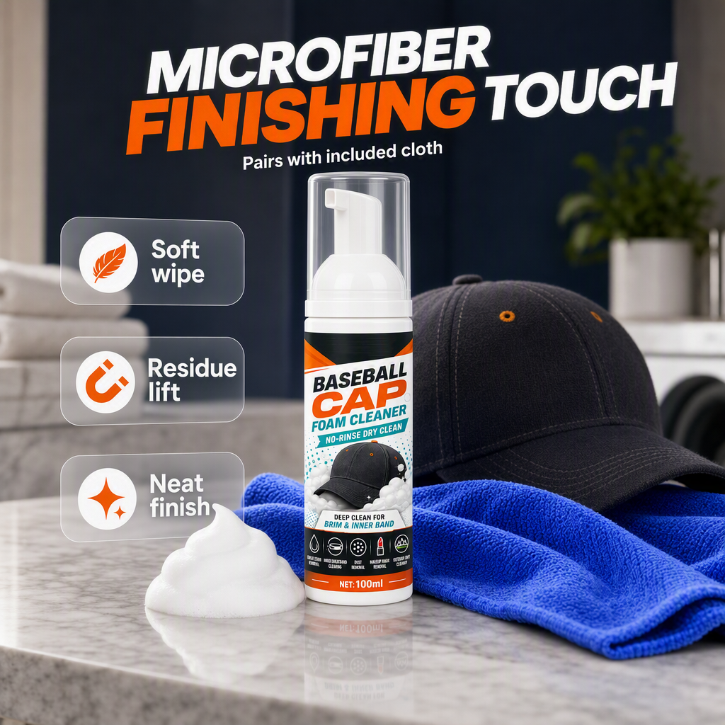 🧢50% RABATT NU! Skölj­fri Skumrengöring för Keps, Djuprengörande Skumspray för Hattar, Svettfläck- & Dammborttagare för Basebollkepsar, Snabbtorkande Kepsvård