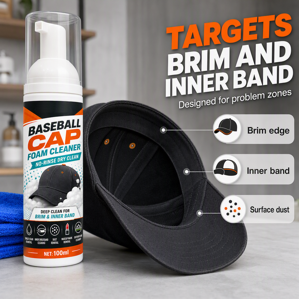 🧢50% RABATT NU! Skölj­fri Skumrengöring för Keps, Djuprengörande Skumspray för Hattar, Svettfläck- & Dammborttagare för Basebollkepsar, Snabbtorkande Kepsvård