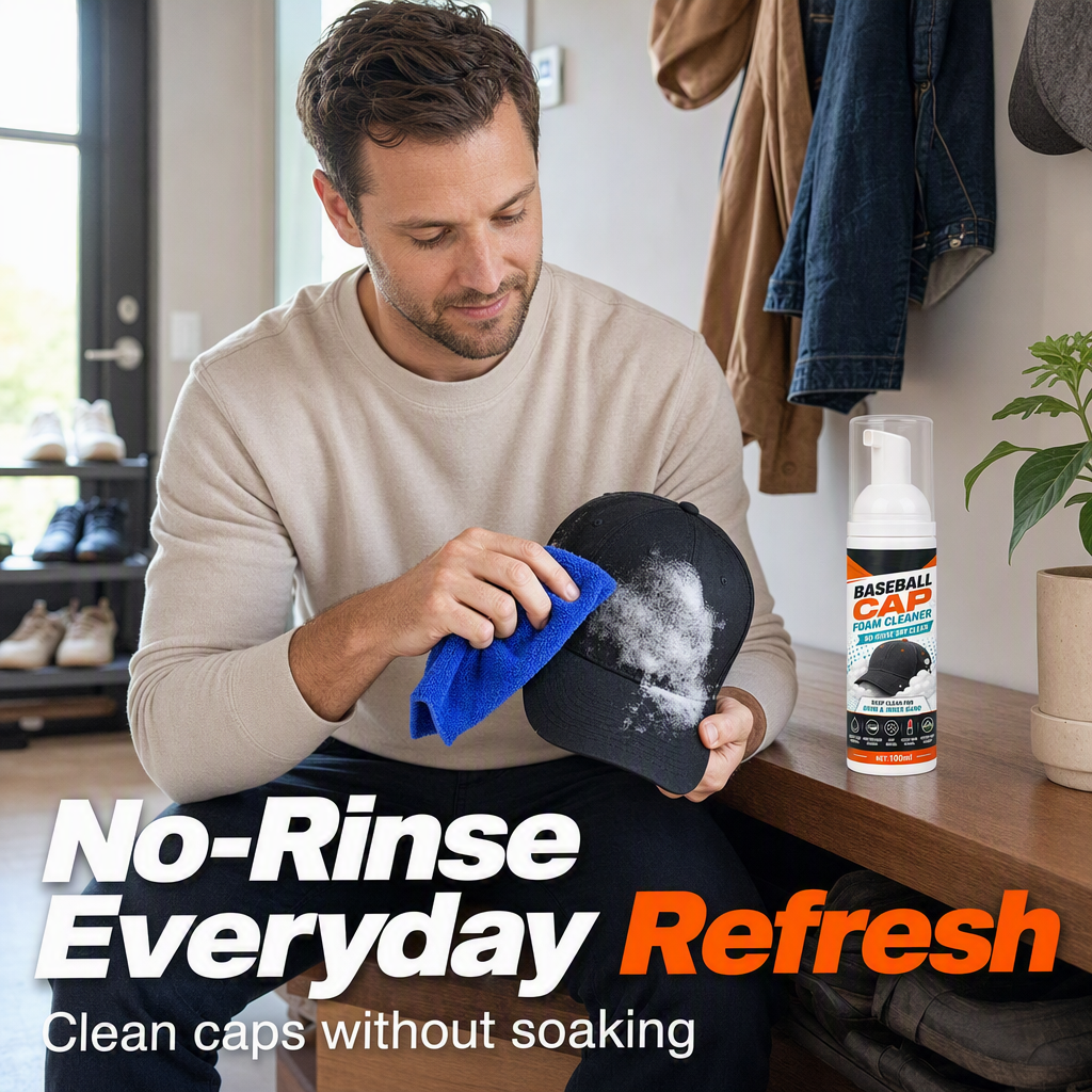 🧢50% RABATT NU! Skölj­fri Skumrengöring för Keps, Djuprengörande Skumspray för Hattar, Svettfläck- & Dammborttagare för Basebollkepsar, Snabbtorkande Kepsvård