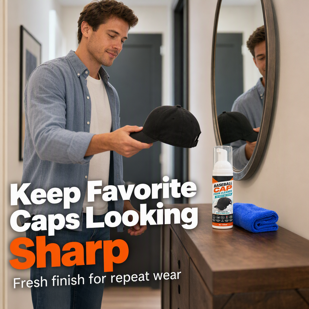 🧢50% RABATT NU! Skölj­fri Skumrengöring för Keps, Djuprengörande Skumspray för Hattar, Svettfläck- & Dammborttagare för Basebollkepsar, Snabbtorkande Kepsvård