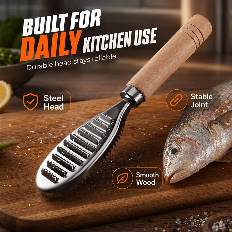 🐟🔥50 % RABATT NU! 🪓 Rostfri fiskskrapa med trähandtag – Effektiv fiskrensning, Ergonomisk & Lättanvänd ✨