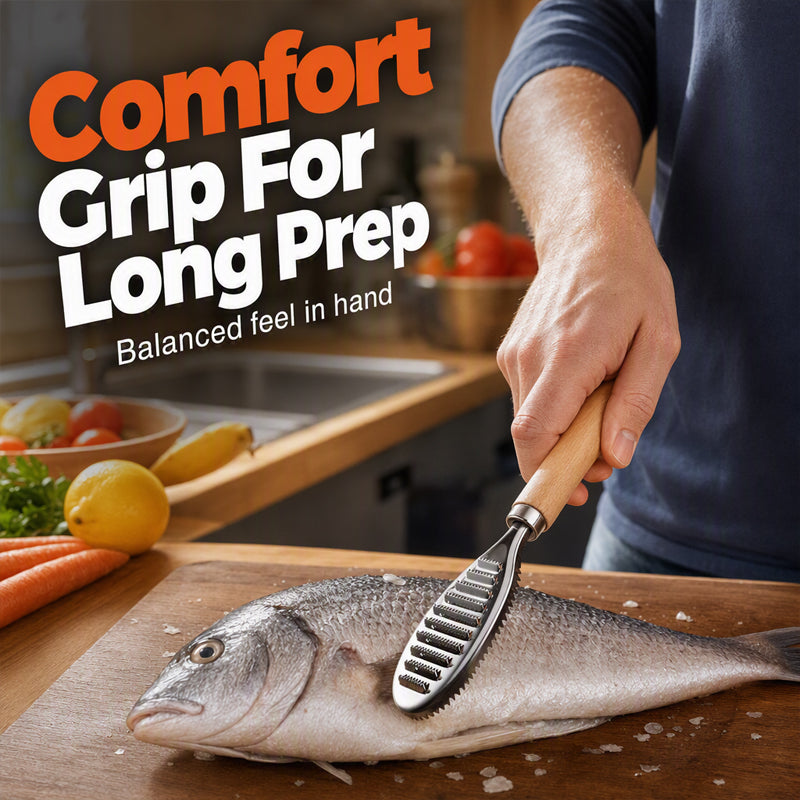 🐟🔥50 % RABATT NU! 🪓 Rostfri fiskskrapa med trähandtag – Effektiv fiskrensning, Ergonomisk & Lättanvänd ✨