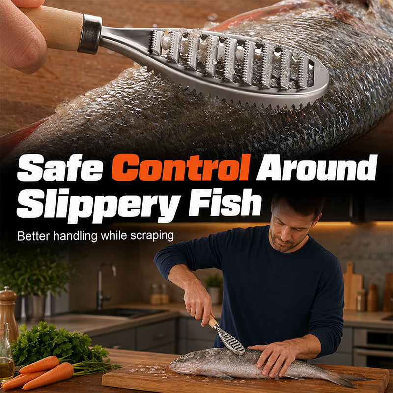🐟🔥50 % RABATT NU! 🪓 Rostfri fiskskrapa med trähandtag – Effektiv fiskrensning, Ergonomisk & Lättanvänd ✨