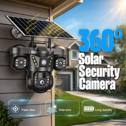 ☀️ Soldriven övervakningskamera med tre objektiv och 360° vy – bevakning dag och natt för trädgård, uppfart och garage 🏠