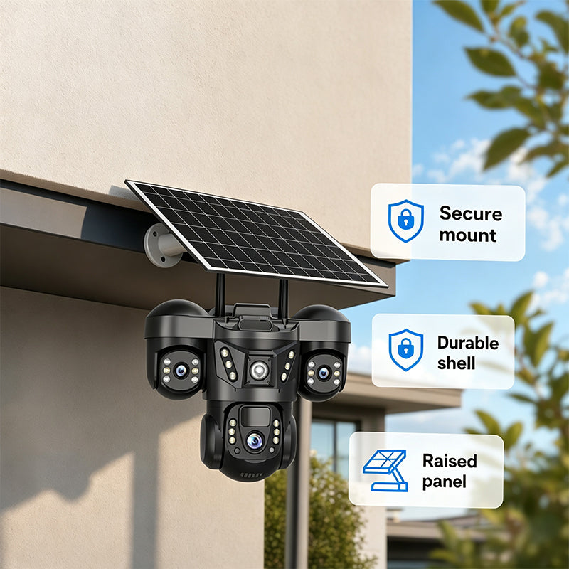 ☀️ Soldriven övervakningskamera med tre objektiv och 360° vy – bevakning dag och natt för trädgård, uppfart och garage 🏠