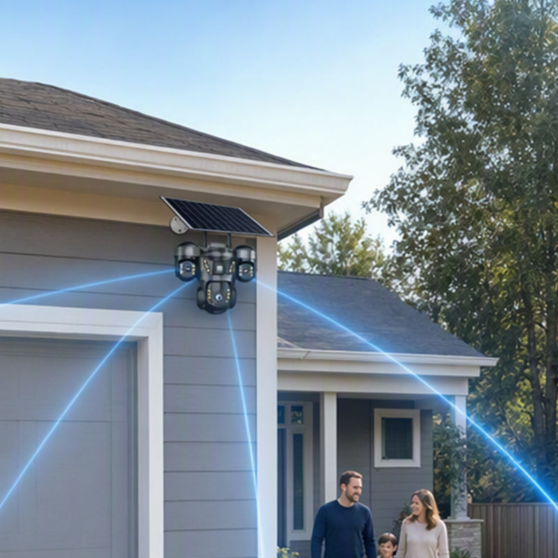 ☀️ Soldriven övervakningskamera med tre objektiv och 360° vy – bevakning dag och natt för trädgård, uppfart och garage 🏠