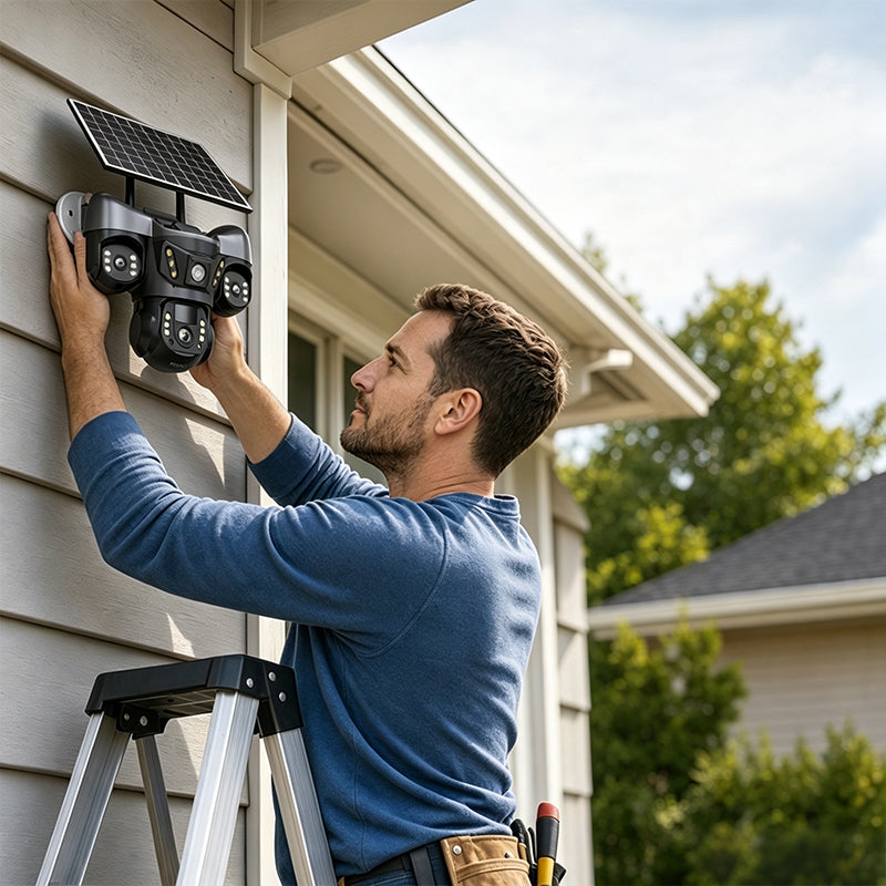 ☀️ Soldriven övervakningskamera med tre objektiv och 360° vy – bevakning dag och natt för trädgård, uppfart och garage 🏠