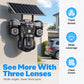 ☀️ Soldriven övervakningskamera med tre objektiv och 360° vy – bevakning dag och natt för trädgård, uppfart och garage 🏠