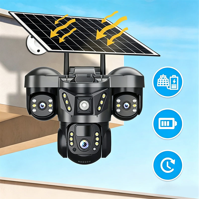 ☀️ Soldriven övervakningskamera med tre objektiv och 360° vy – bevakning dag och natt för trädgård, uppfart och garage 🏠