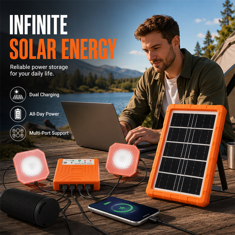 ☀️ 50 % RABATT JUST NU! Bärbart solenergisystem med 2 LED-lampor – solgeneratorpaket för användning utanför elnätet, laddstation med flera portar för camping, nödsituationer och utomhusbruk