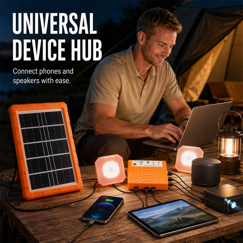 ☀️ 50 % RABATT JUST NU! Bärbart solenergisystem med 2 LED-lampor – solgeneratorpaket för användning utanför elnätet, laddstation med flera portar för camping, nödsituationer och utomhusbruk