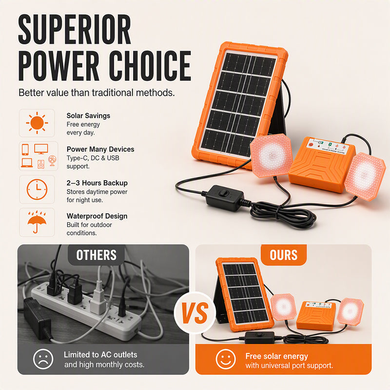 ☀️ 50 % RABATT JUST NU! Bärbart solenergisystem med 2 LED-lampor – solgeneratorpaket för användning utanför elnätet, laddstation med flera portar för camping, nödsituationer och utomhusbruk