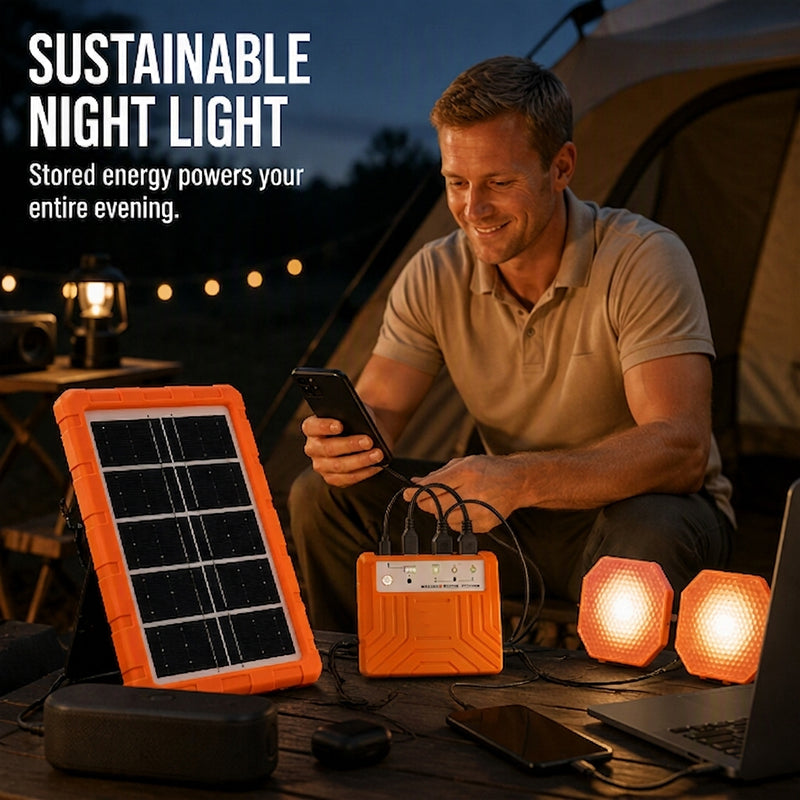 ☀️ 50 % RABATT JUST NU! Bärbart solenergisystem med 2 LED-lampor – solgeneratorpaket för användning utanför elnätet, laddstation med flera portar för camping, nödsituationer och utomhusbruk
