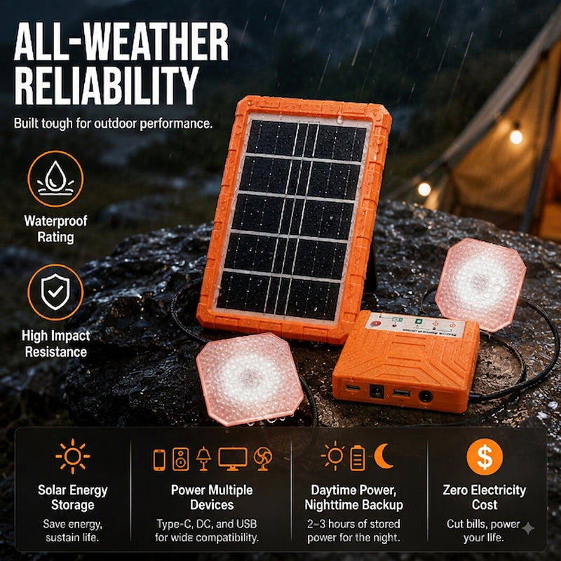 ☀️ 50 % RABATT JUST NU! Bärbart solenergisystem med 2 LED-lampor – solgeneratorpaket för användning utanför elnätet, laddstation med flera portar för camping, nödsituationer och utomhusbruk