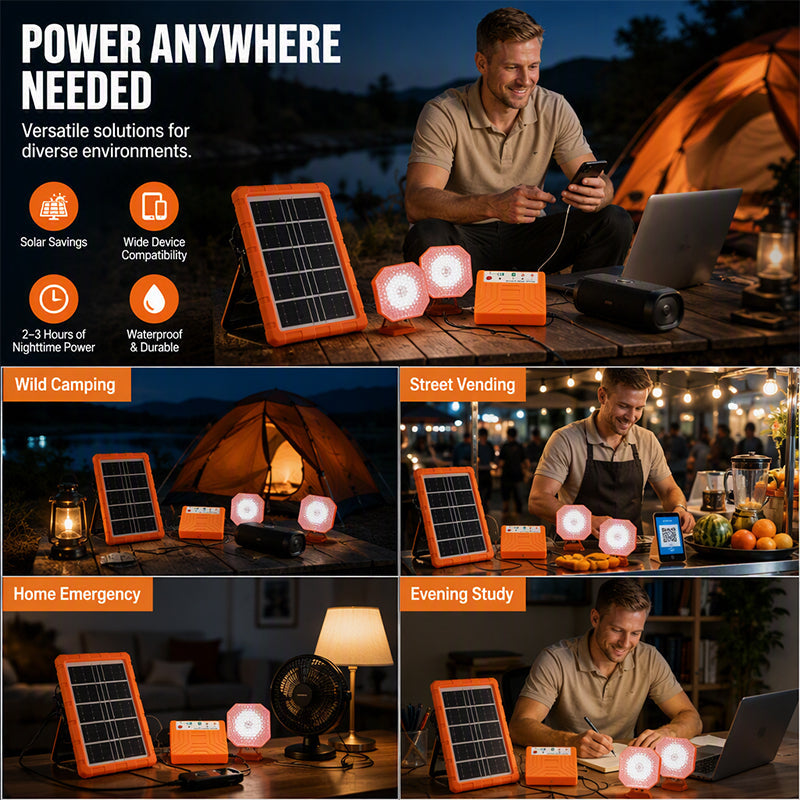 ☀️ 50 % RABATT JUST NU! Bärbart solenergisystem med 2 LED-lampor – solgeneratorpaket för användning utanför elnätet, laddstation med flera portar för camping, nödsituationer och utomhusbruk