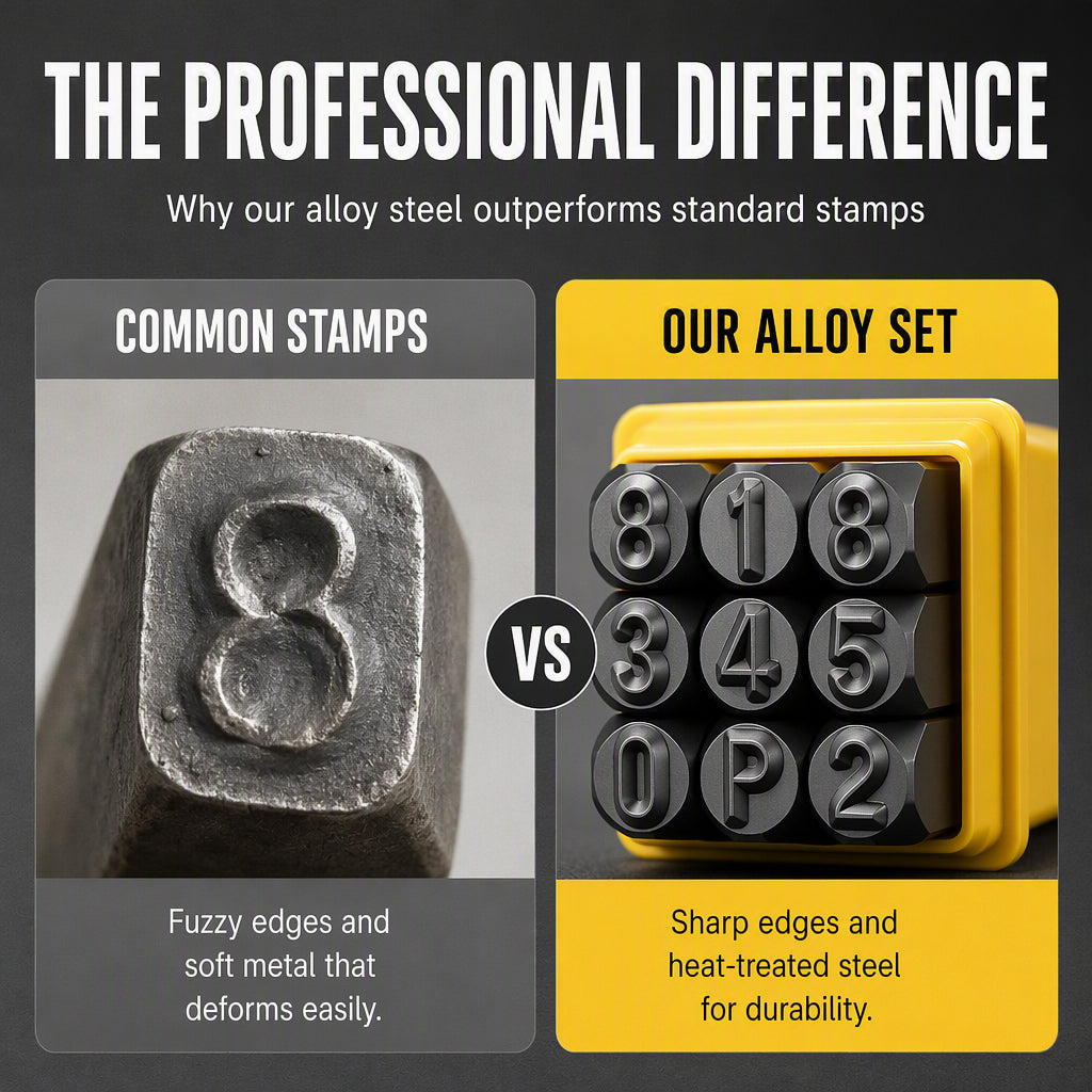 Stämpelset i stål med bokstäver och siffror