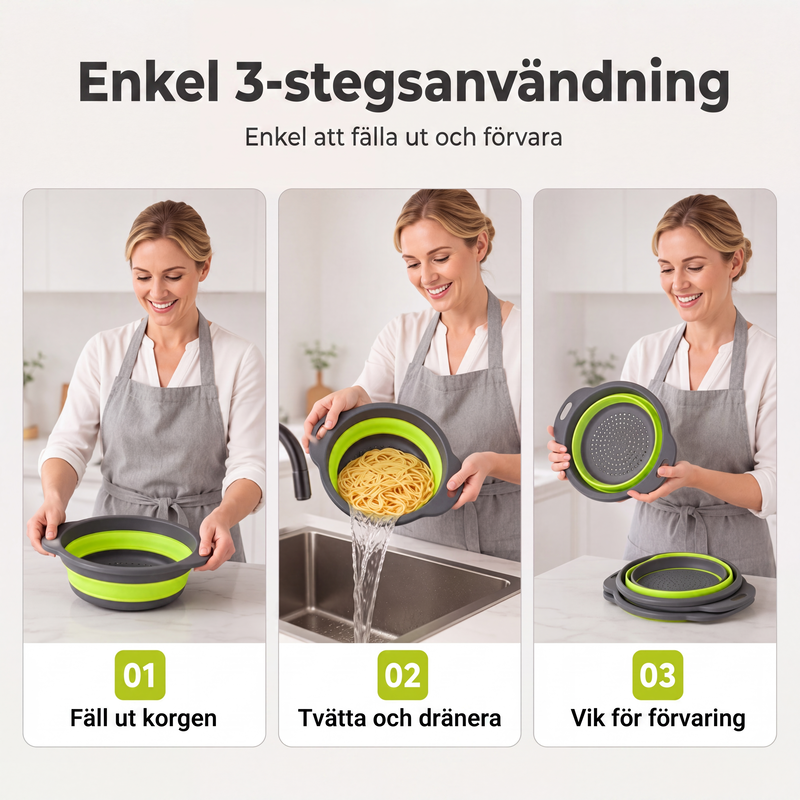 3-delat hopfällbart durkslagsset med avrinningsbas