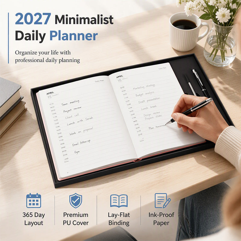 Minimalistisk daglig planeringsbok 2027 – A5