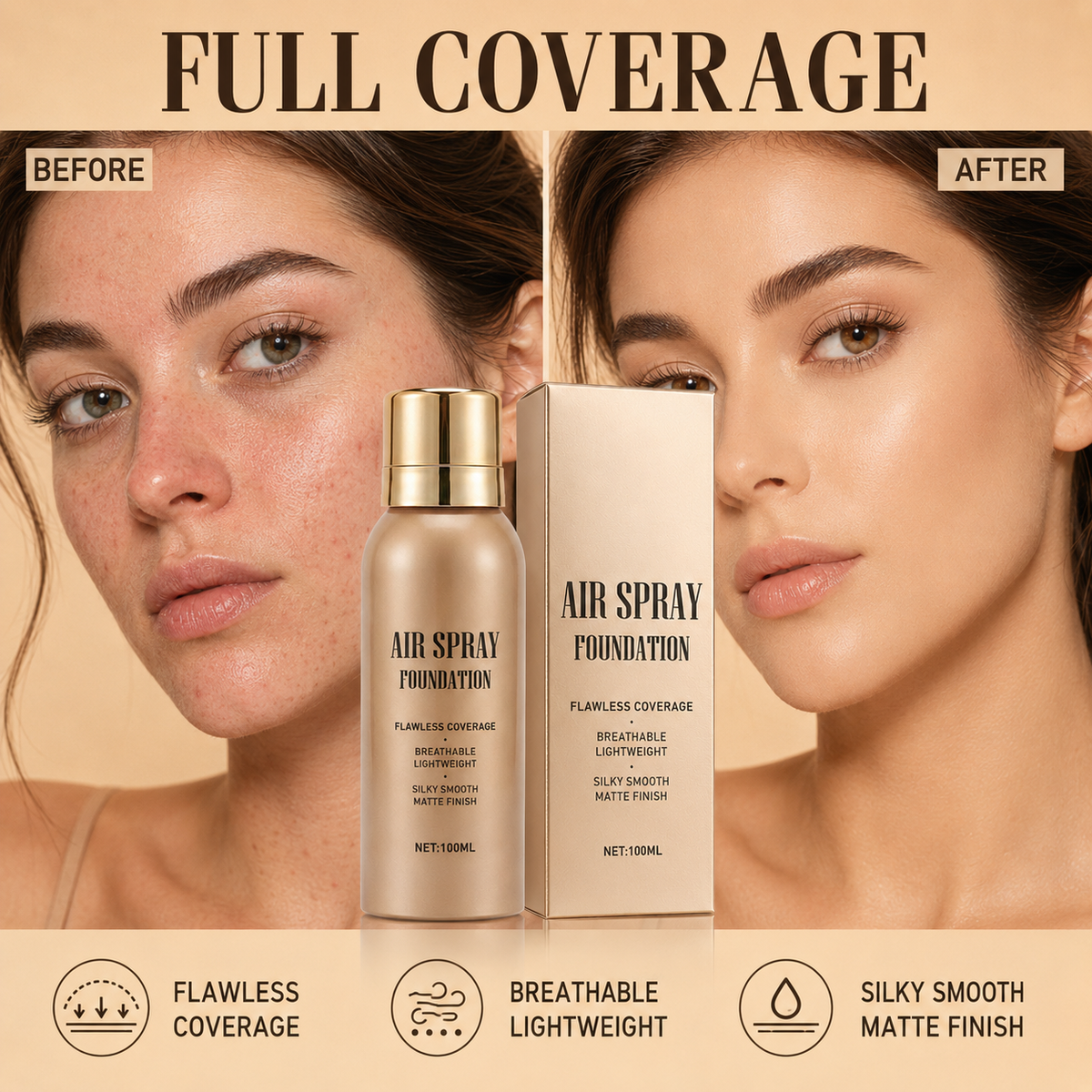✨ Vattenresistent Air Spray Foundation | Jämn matt finish
