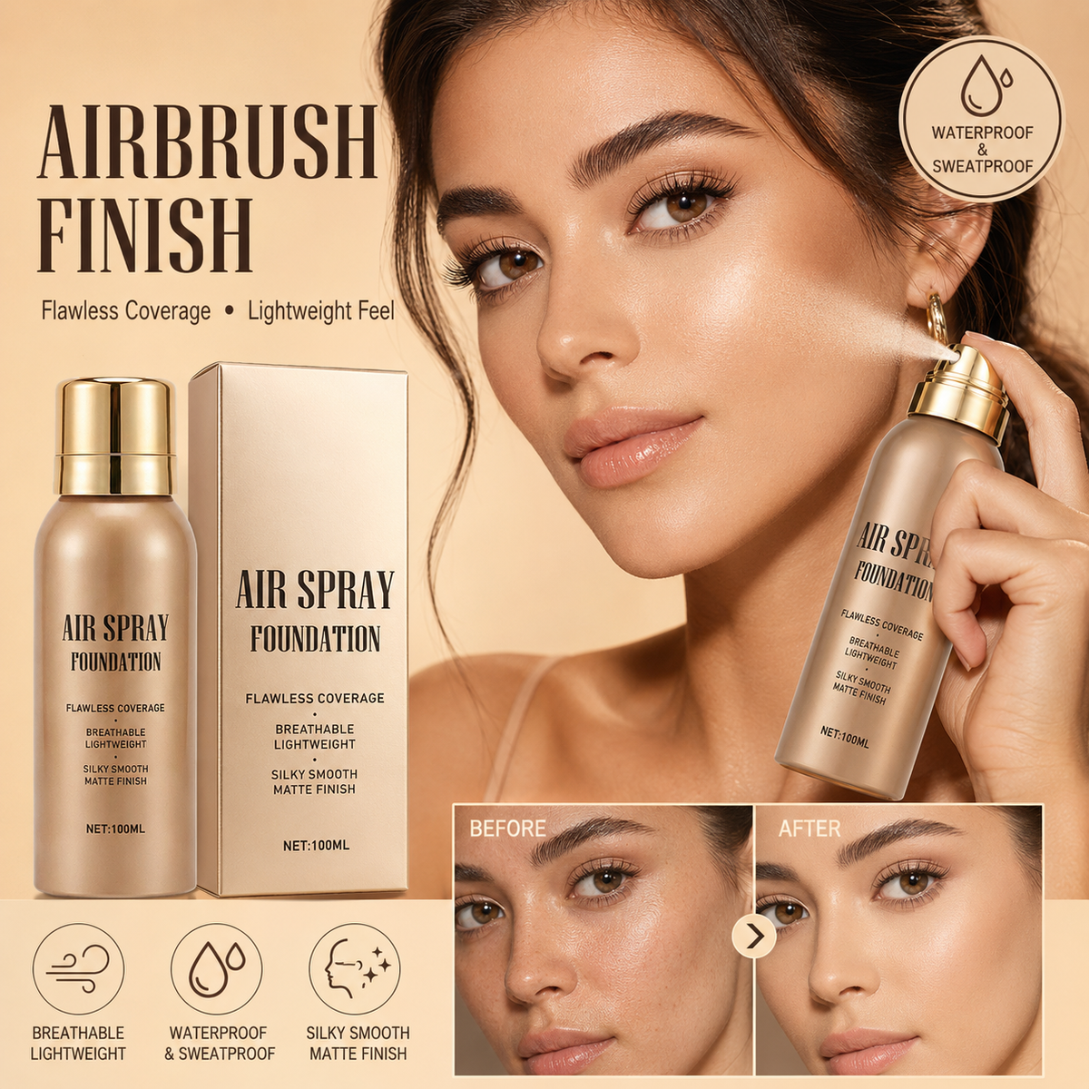 ✨ Vattenresistent Air Spray Foundation | Jämn matt finish