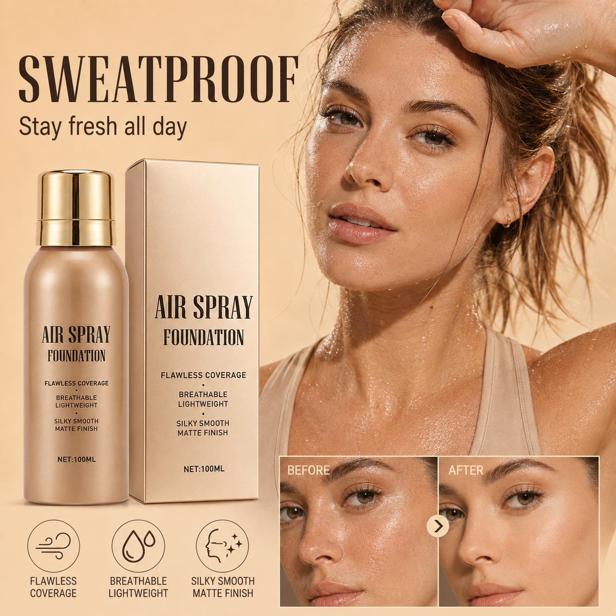 ✨ Vattenresistent Air Spray Foundation | Jämn matt finish
