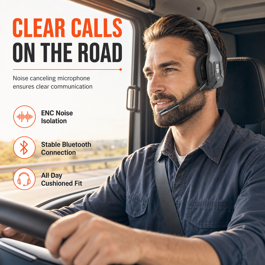 📢📢50% RABATT NU!! ⏰Trådlöst Bluetooth-headset med ENC-brusreducering och automatisk parkoppling – För kundservice & lastbilsförare