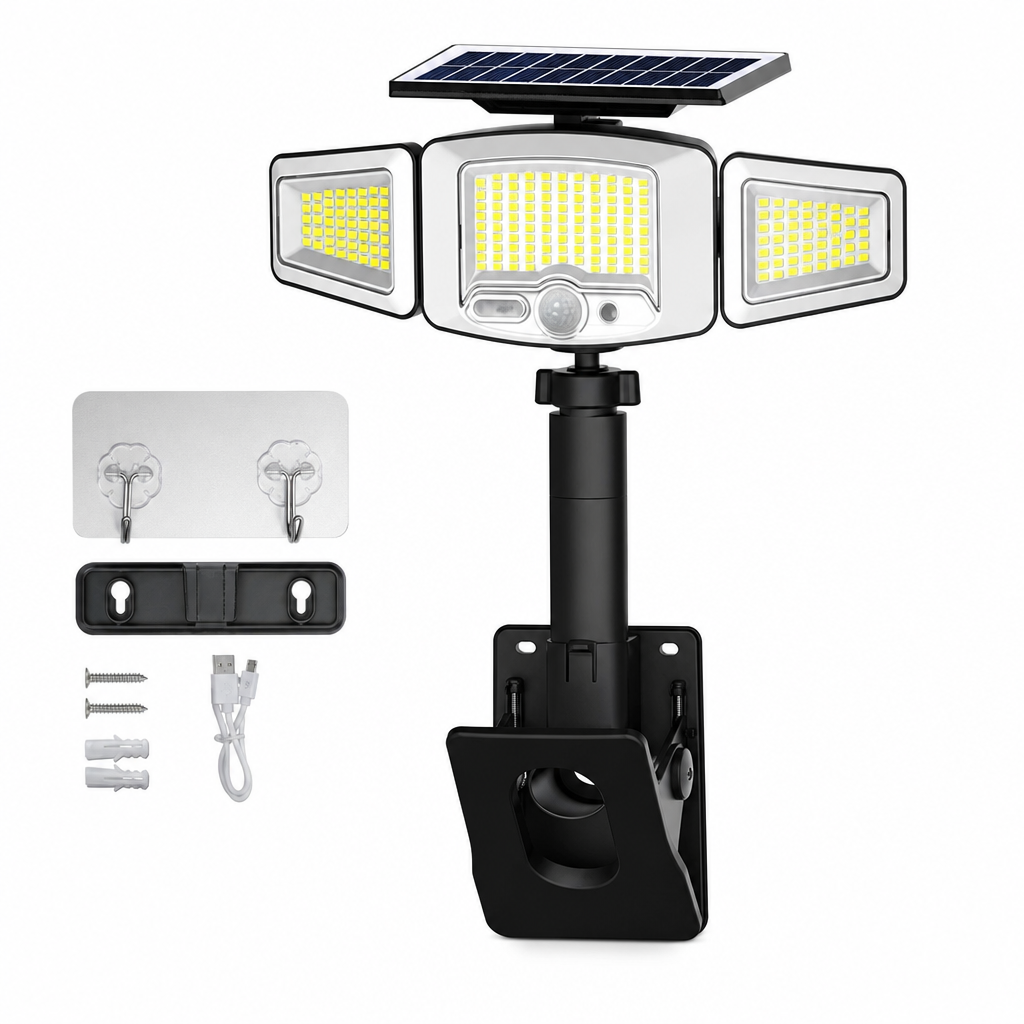 Solcellsdriven utomhuslampa med tre lamphuvuden och rörelsesensor