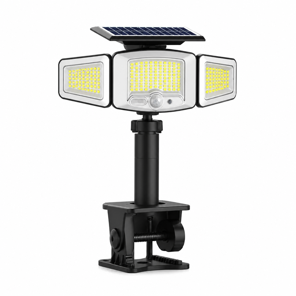 Solcellsdriven utomhuslampa med tre lamphuvuden och rörelsesensor