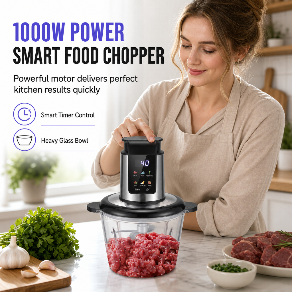 ⚡🥩 NU: 50 % RABATT UNDER BEGRÄNSAD TID – 3-i-1 elektrisk kött- och mathackare – 1000 W smart matberedare – hackning, vispning, skalning – digital timer & hastighetskontroll – tjockt glas & borstat stål 🍳🛡️✨