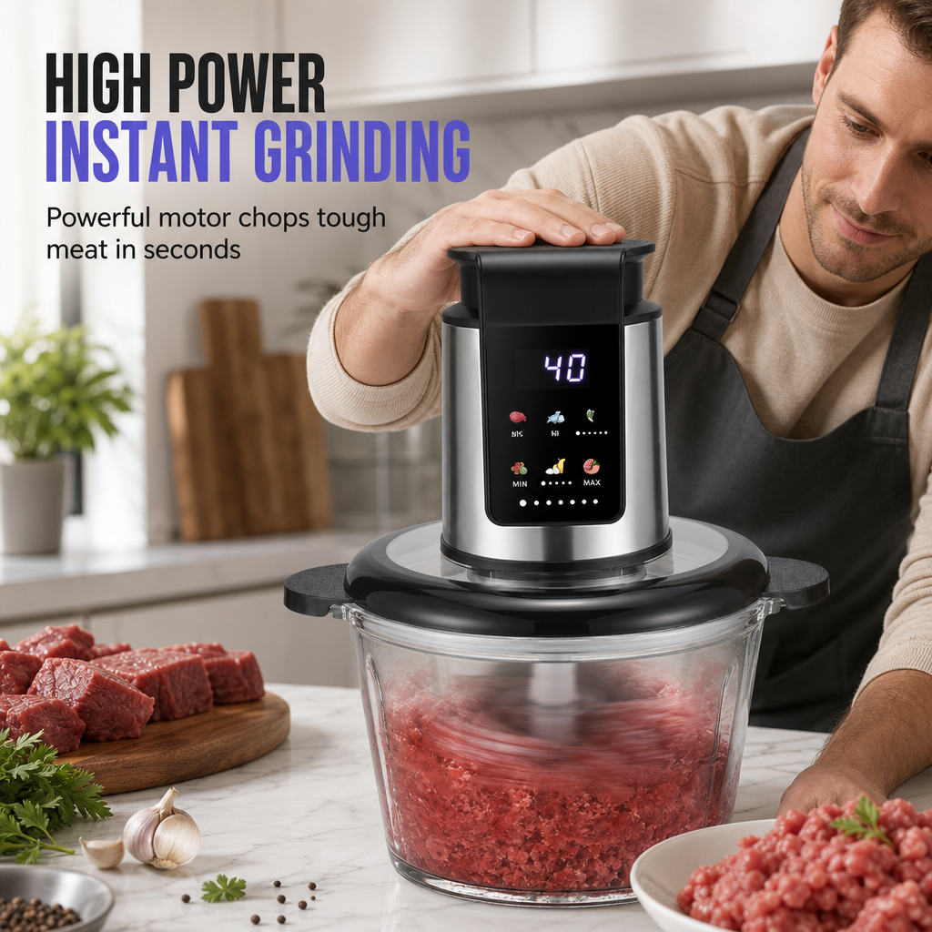 ⚡🥩 NU: 50 % RABATT UNDER BEGRÄNSAD TID – 3-i-1 elektrisk kött- och mathackare – 1000 W smart matberedare – hackning, vispning, skalning – digital timer & hastighetskontroll – tjockt glas & borstat stål 🍳🛡️✨