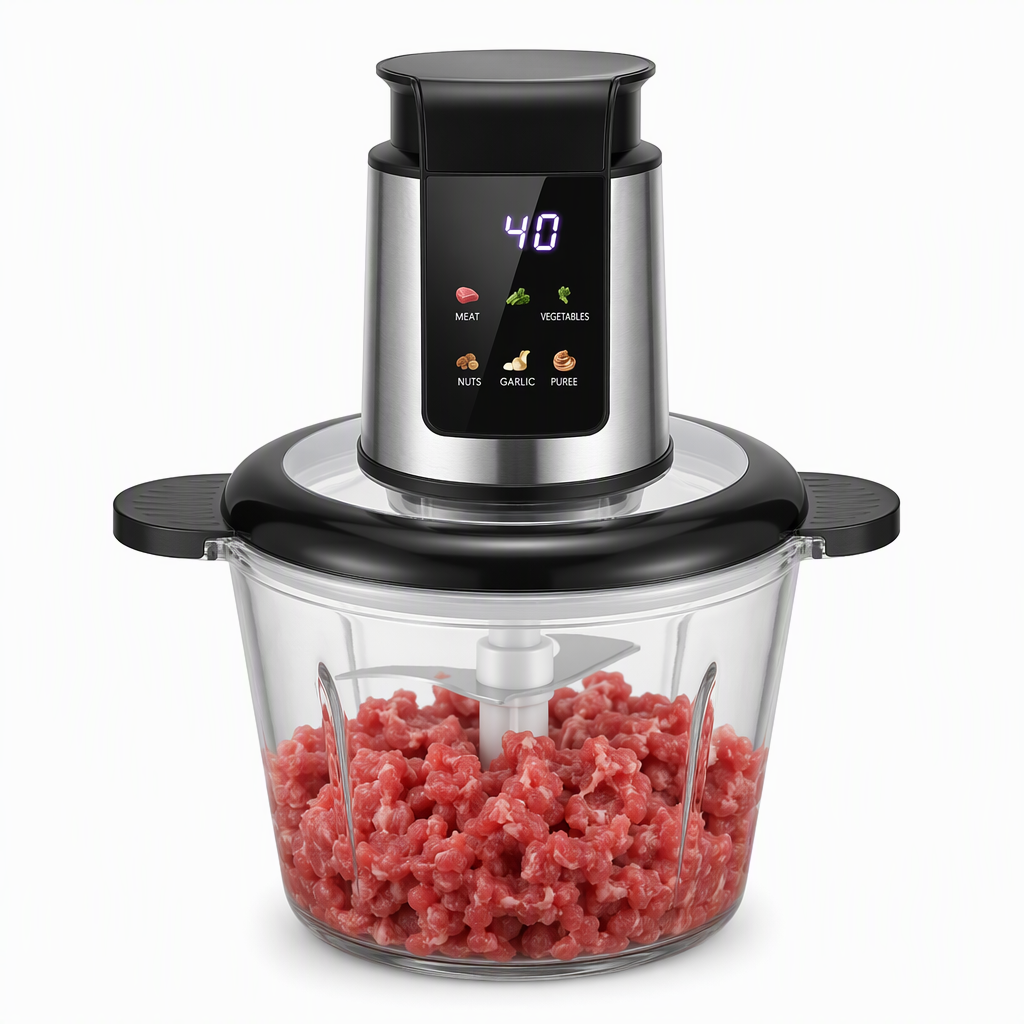 ⚡🥩 NU: 50 % RABATT UNDER BEGRÄNSAD TID – 3-i-1 elektrisk kött- och mathackare – 1000 W smart matberedare – hackning, vispning, skalning – digital timer & hastighetskontroll – tjockt glas & borstat stål 🍳🛡️✨