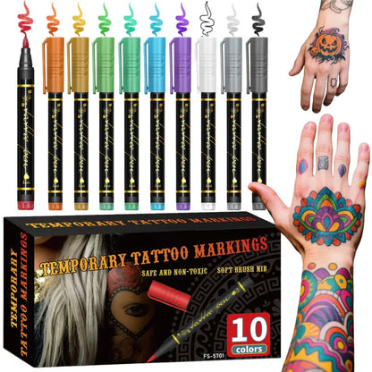 ⏳ Tidsbegränsat erbjudande ⏰🎨 Set med 10 pennor för tillfälliga tatueringar – pennor för kreativ kroppskonst ✨